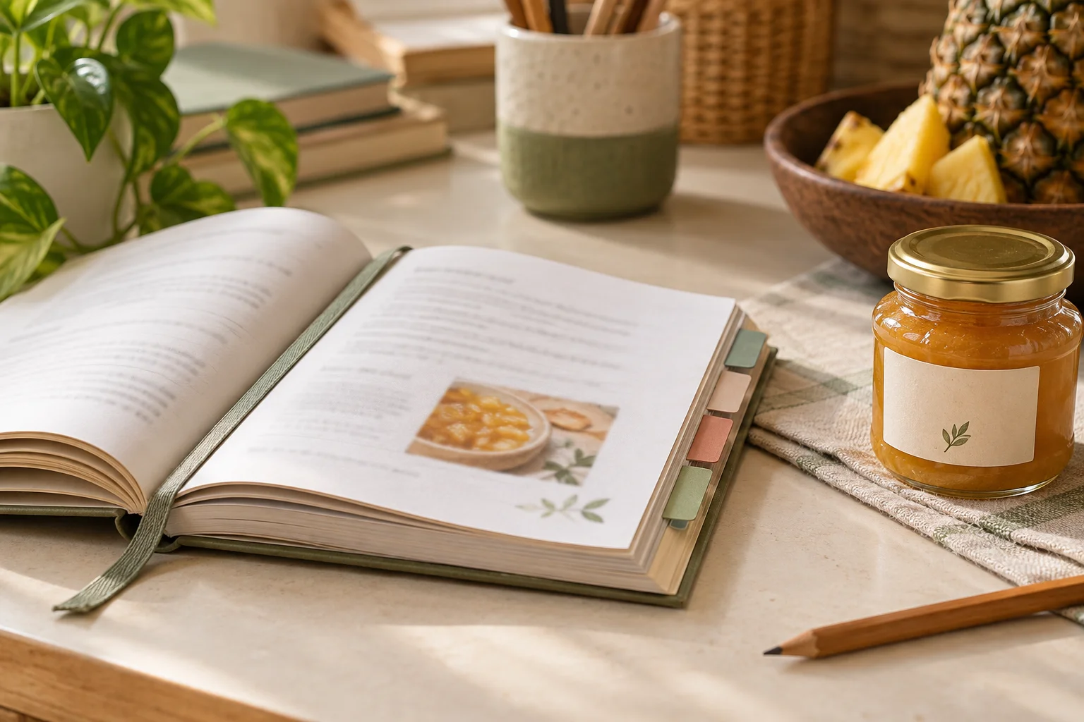 Caderno de receitas aberto em uma mesa iluminada